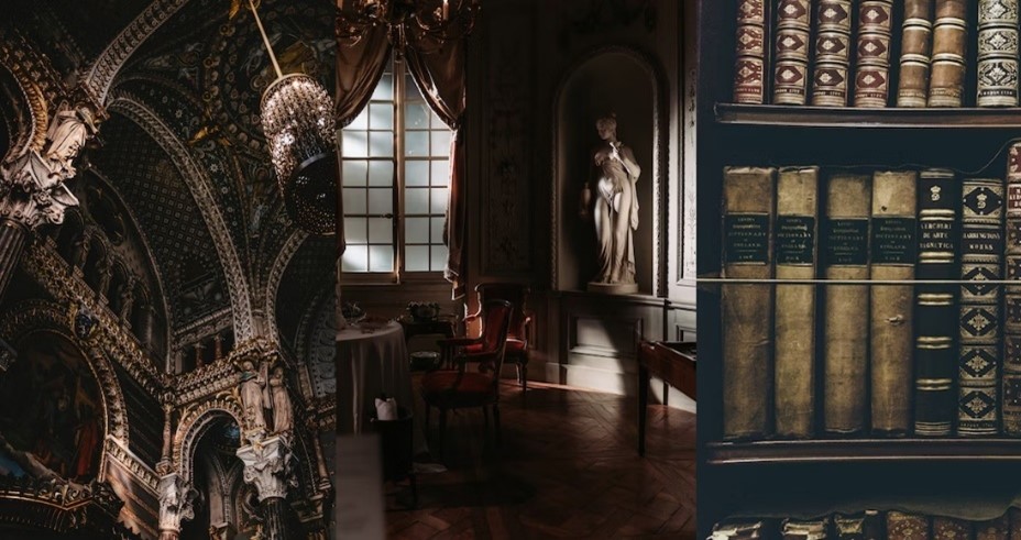 Dark academia library and architecture trio